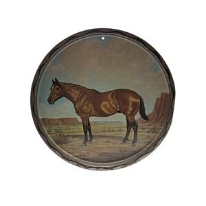 Round Metal Serving Tray with Horse Design Metallic Finish Brown Blue Gold